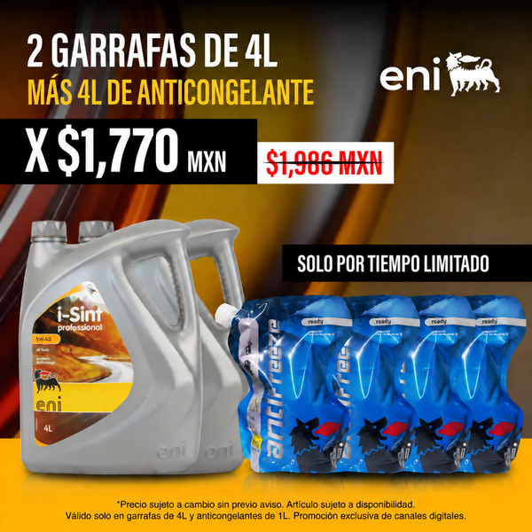 2 Aceites Eni I-sint 5W-40 de 4 Lt + 4 Anticongelantes de 1Lt